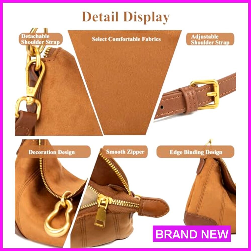 Small PU Leather Hobo Shoulder Bag with Gold Hardware and Zipper Pocket - Picture 4 of 7